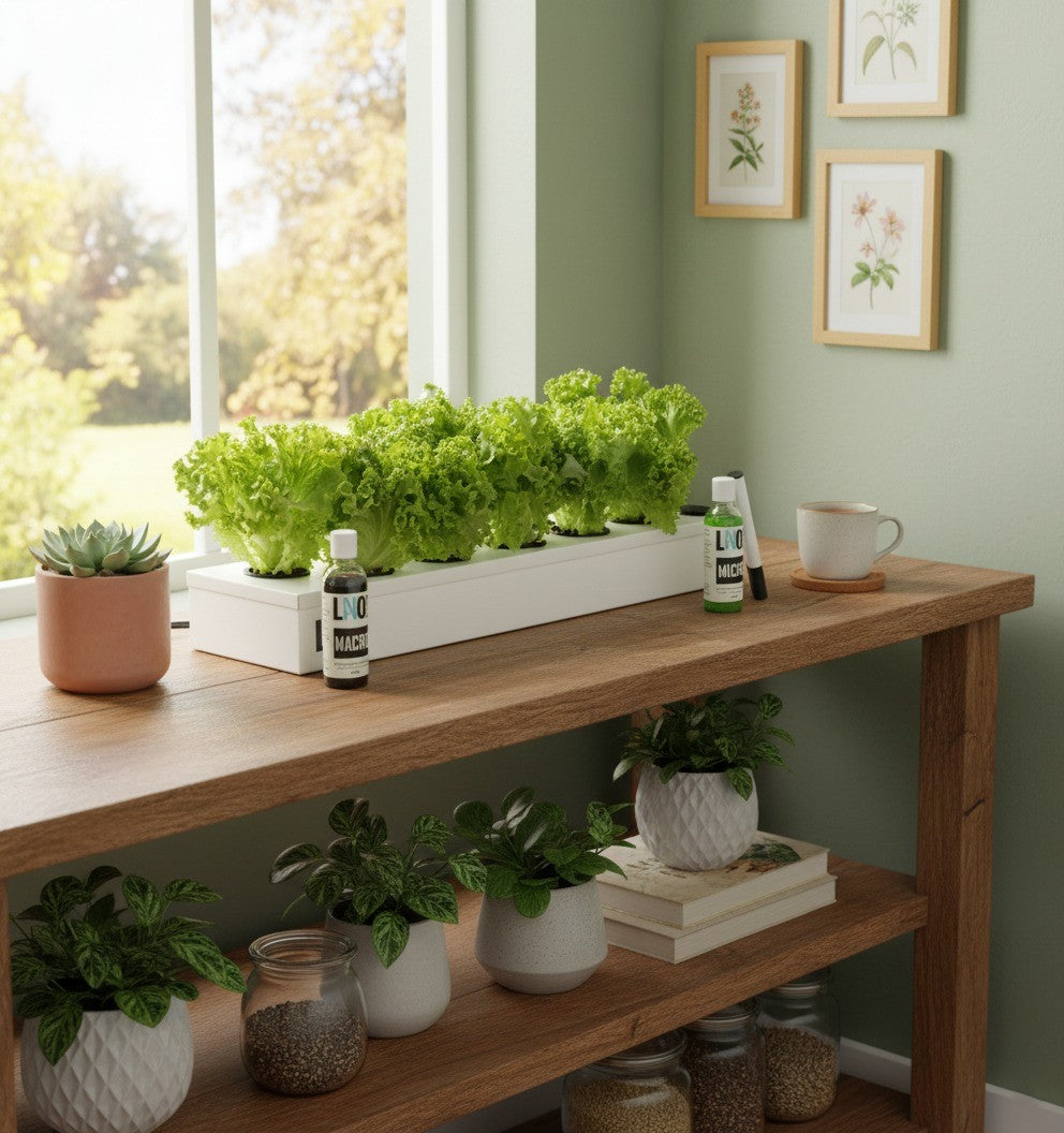 Wooden table with GrwoKit plants and decor in a room with a window and framed pictures on the wall.